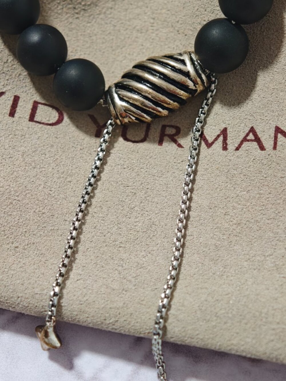 Black Onyx Bead Bracelet with Sterling Silver Cable Barrel, Adjustable - Picture 3 of 8